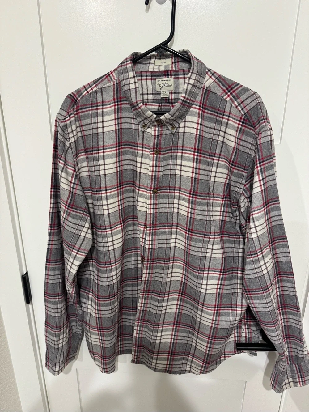 J. Crew Gray and White Plaid Button-Down Shirt with Red Stripe